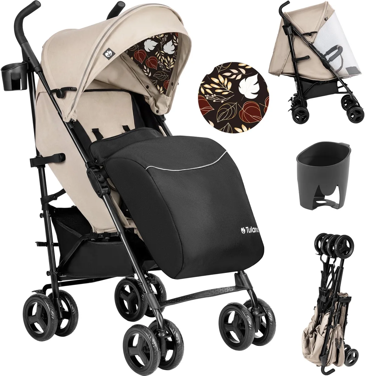 Davos 35 - Kinderwagen - Buggy - 5-Punts Gordel - Lichtgewicht Wandelwagen met XXL Zonnekap - beenwarmer en bekerhouder inbegrepen -Verstelbare Rugleuning - Tot 22 kg de Tulano en Beige – photo produit