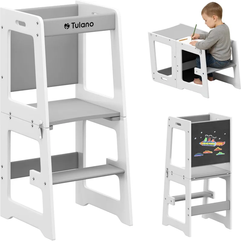 Mooby 35 - Keukenhulp - Kindertrap - Leertoren Montessori - 3 in 1 - tot 60 kg - Wit/Grijs de Tulano en Blanc – photo produit