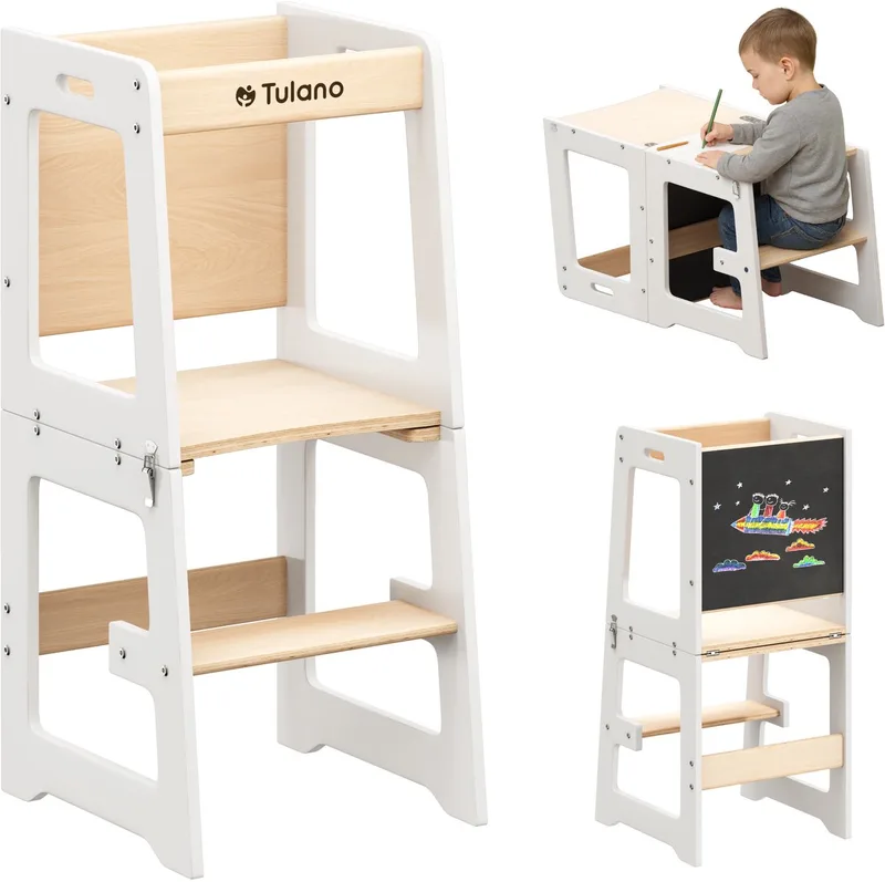 Mooby 35 - Keukenhulp - Kindertrap - Leertoren Montessori - 3 in 1 - tot 60 kg - Natural/Wit de Tulano en Blanc, Naturel – photo produit