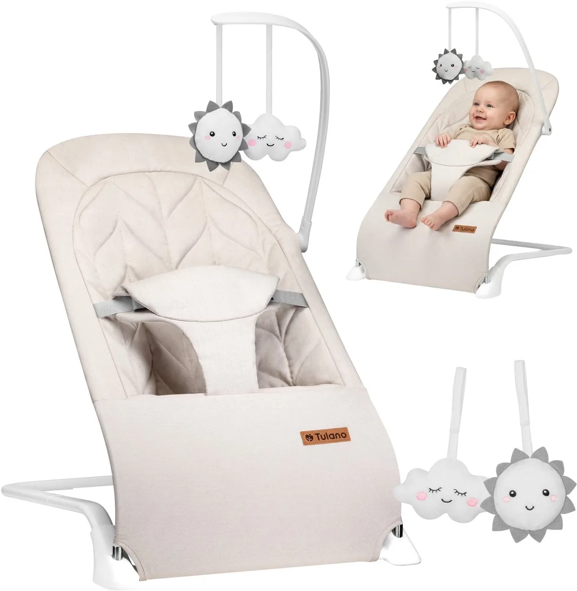 Moon 10 Baby Wipstoel - Verstelbare Baby Bouncer met Speelboog & 3-Punts Gordel - Tot 9 kg van Tulano in Beige – productfoto