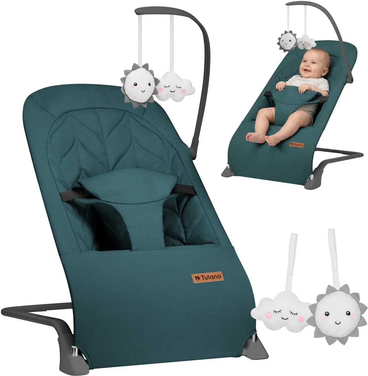 Moon 10 Baby Wipstoel - Verstelbare Baby Bouncer met Speelboog & 3-Punts Gordel - Tot 9 kg van Tulano in Groen – productfoto