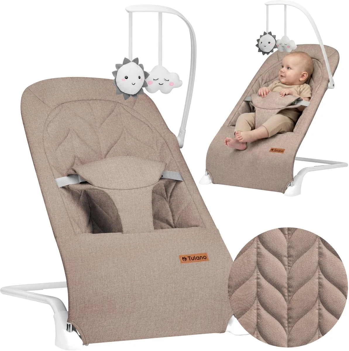 Moon 10 Baby Wipstoel - Verstelbare Baby Bouncer met Speelboog & 3-Punts Gordel - Tot 9 kg van Tulano in Taupe – productfoto