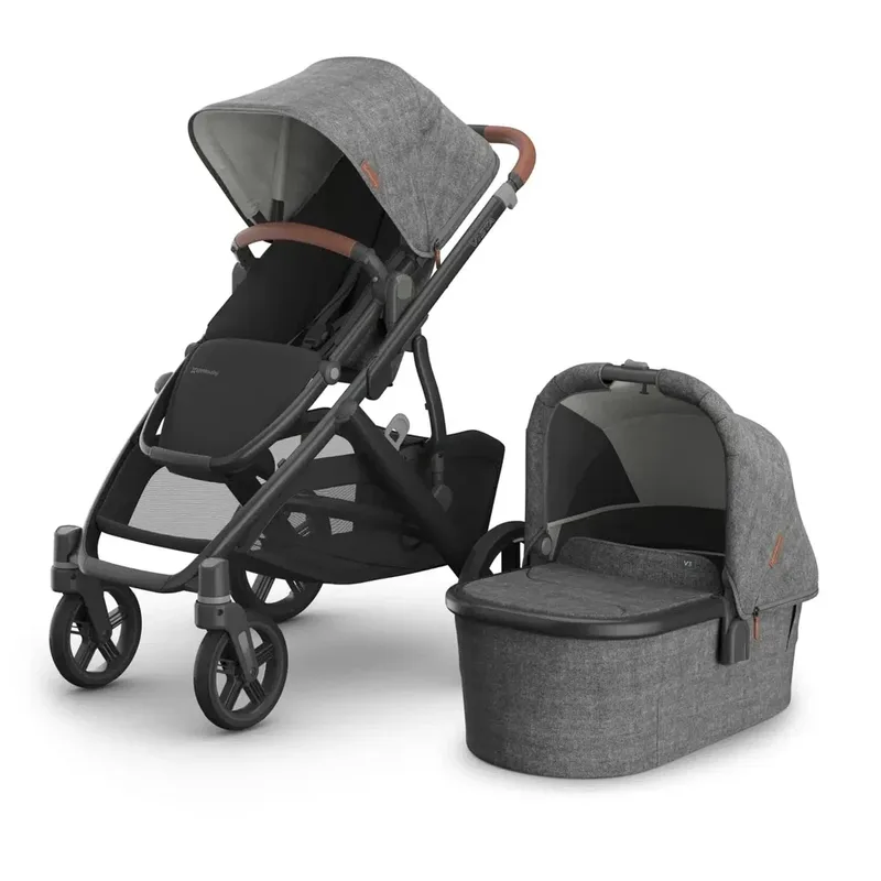 Vista V3 Kinderwagen Greyson - Charcoal Mélange - Carbon Frame Met Bruin Leer van UPPAbaby – productfoto
