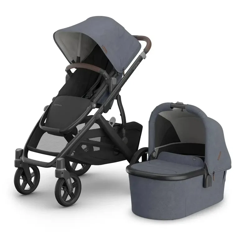 Vista V3 Kinderwagen Julian - Dusty Blue Mélange - Carbon Frame Met Kastanje Bruin Leer van UPPAbaby – productfoto