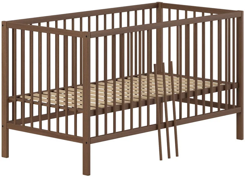 Babybett DINO, ideal für Ihr Kinderzimmer, Made in Europe, Buche massiv, 70/140cm, 3-fach höhenverstellbar, umbaubar, Buche Nussbaumfarbig van Vipack in Bruin – productfoto 4 van 5