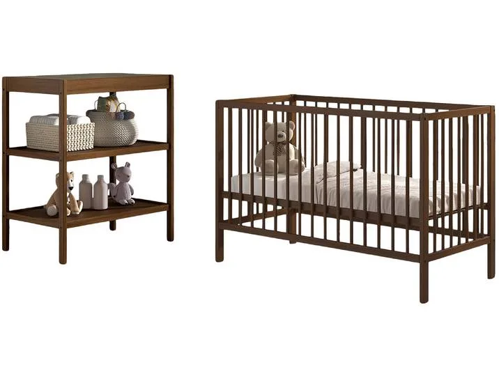 Babymöbel-Set VIPACK DINO, ideal für Ihr Kinderzimmer, Made in Europe, Buche massiv , braun (buche nussbaum farbig), Einlasstiefe Lattenrost ca. 18,3cm, 33,9cm und 49,5cm + ohne Matratze, B/H: 60cm x 120cm, Einlasstiefe Lattenrost ca. 18,3cm, 33,9cm und 4 by Vipack – product photo