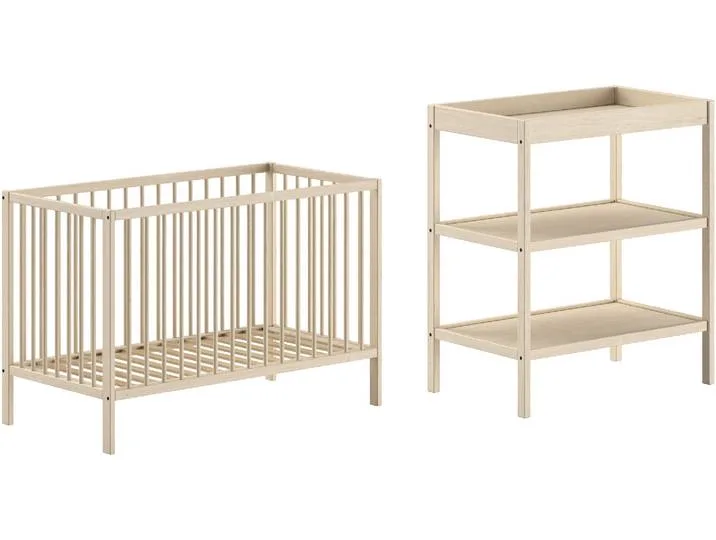 Babymöbel-Set VIPACK Dino ist das ideale Start Set für Ihr Kind aus massiver Buche , beige (natur), ohne Matratze, B/H: 60cm x 120cm, Schlafzimmermöbel-Sets, Babybett u. Wickelregal inkl., wahlweise in 3 Farben erhältlich van Vipack – productfoto