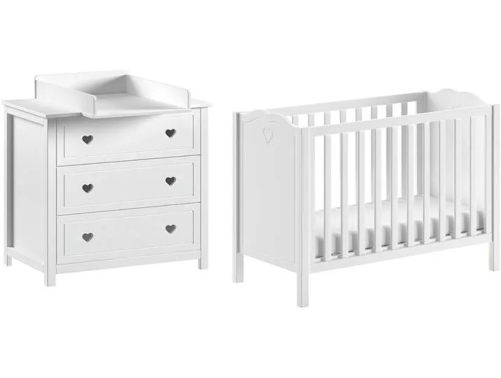 Babyzimmer-Komplettset VIPACK Amori 3-tlg. mit Herz-Ornamenten, MDF/Massiv weiß lackiert , weiß, ohne Matratze, B/H: 60cm x 120cm, Schlafzimmermöbel-Sets van Vipack – productfoto