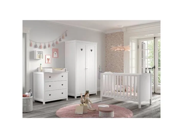 Babyzimmer, Weiß, Holz, Kiefer, massiv,teilmassiv, 2 Fächer, 3 Schublade(n) Schubladen, höhenverstellbar, Aufbauanleitung im Karton, Lattenrost inklusive, Babymöbel, Babyzimmer-Sets van Vipack – productfoto