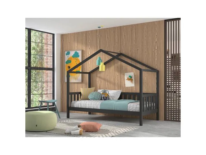 Hausbett, Anthrazit, Holz, Kiefer, massiv, 90x200 cm, Kinderzimmer & Jugendzimmer, Kindermöbel, Kinderbetten, Hausbetten von Vipack – Produktfoto