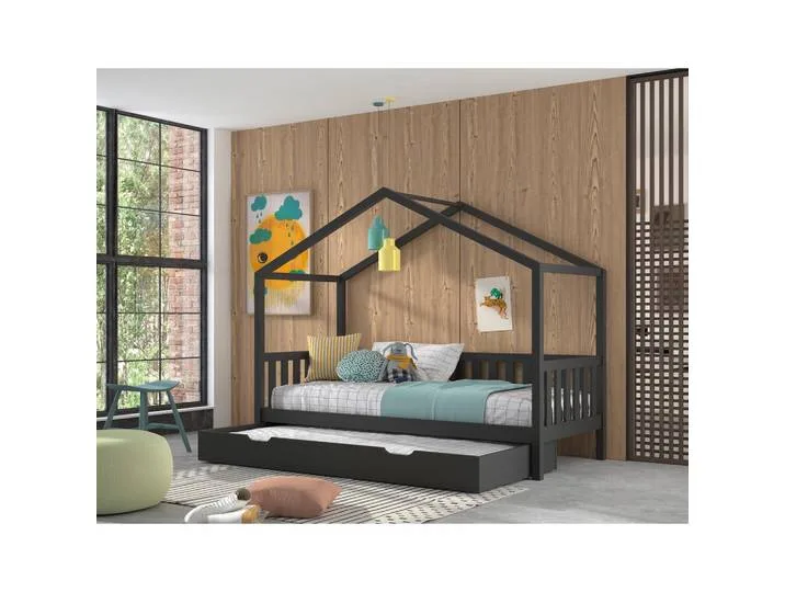 Huisbed, antraciet, hout, grenen, deels massief, hoogte ca. 17 cm, 90x200 cm, kinderkamer en tienerkamer, kindermeubels, kinderbedden, huisbedden van Vipack – productfoto