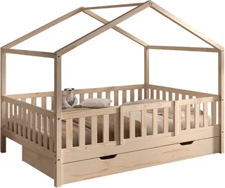 Hausbett Dallas, Massivholzbett mit Dachaufbau umbaubar vom Boden- zum Daybett (inkl. Rolllattenrost und Sprossenumrandung, 140x200 cm breit), mit Bettschublade, wahlweise Kiefer massiv natur oder weiß van Vipack in Beige – productfoto 4 van 5