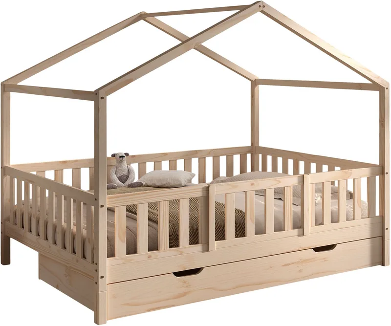 Hausbett Dallas, Massivholzbett mit Dachaufbau umbaubar vom Boden- zum Daybett (inkl. Rolllattenrost und Sprossenumrandung, 140x200 cm breit), mit Bettschublade, wahlweise Kiefer massiv natur oder weiß van Vipack in Beige – productfoto 4 van 5