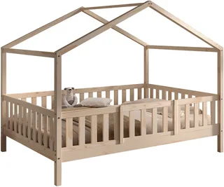 Hausbett Dallas, Massivholzbett mit Dachaufbau umbaubar vom Boden- zum Daybett (inkl. Rolllattenrost und Sprossenumrandung, 140x200 cm breit), mit Bettschublade, wahlweise Kiefer massiv natur oder weiß van Vipack in Beige – productfoto 3 van 5