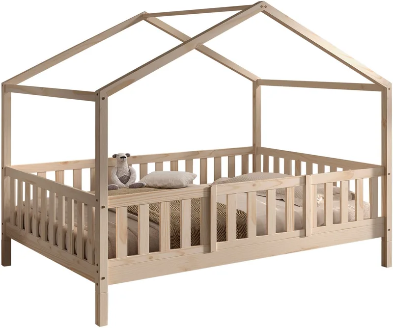 Hausbett Dallas, Massivholzbett mit Dachaufbau umbaubar vom Boden- zum Daybett (inkl. Rolllattenrost und Sprossenumrandung, 140x200 cm breit), mit Bettschublade, wahlweise Kiefer massiv natur oder weiß van Vipack in Beige – productfoto 3 van 5