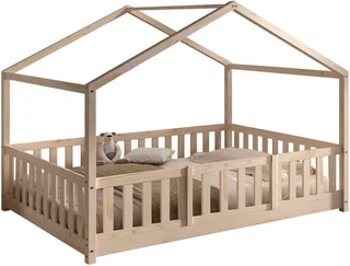 Hausbett Dallas, Massivholzbett mit Dachaufbau umbaubar vom Boden- zum Daybett (inkl. Rolllattenrost und Sprossenumrandung, 140x200 cm breit), mit Bettschublade, wahlweise Kiefer massiv natur oder weiß van Vipack in Beige – productfoto 1 van 5