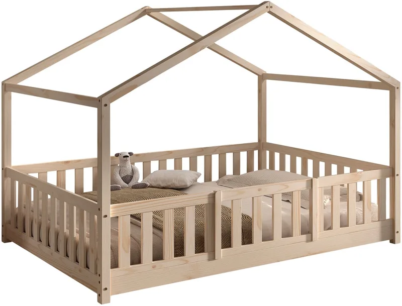 Hausbett Dallas, Massivholzbett mit Dachaufbau umbaubar vom Boden- zum Daybett (inkl. Rolllattenrost und Sprossenumrandung, 140x200 cm breit), mit Bettschublade, wahlweise Kiefer massiv natur oder weiß van Vipack in Beige – productfoto 1 van 5