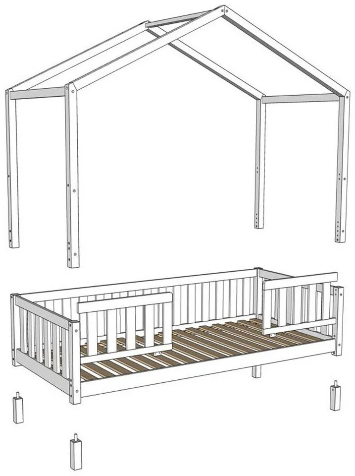 Hausbett Dallas, Massivholzbett mit Dachaufbau umbaubar vom Boden- zum Daybett (inkl. Lattenrost, Rausfallschutz, Sprossen, 90 oder 140x200 cm breit), stabil und standfest gebaut, wahlweise Kiefer massiv natur oder weiß van Vipack in Beige – productfoto 4 van 5