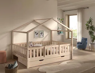 Hausbett Dallas, Massivholzbett mit Dachaufbau umbaubar vom Boden- zum Daybett (inkl. Rolllattenrost und Sprossenumrandung, 140x200 cm breit), mit Bettschublade, wahlweise Kiefer massiv natur oder weiß van Vipack in Beige – productfoto 2 van 5
