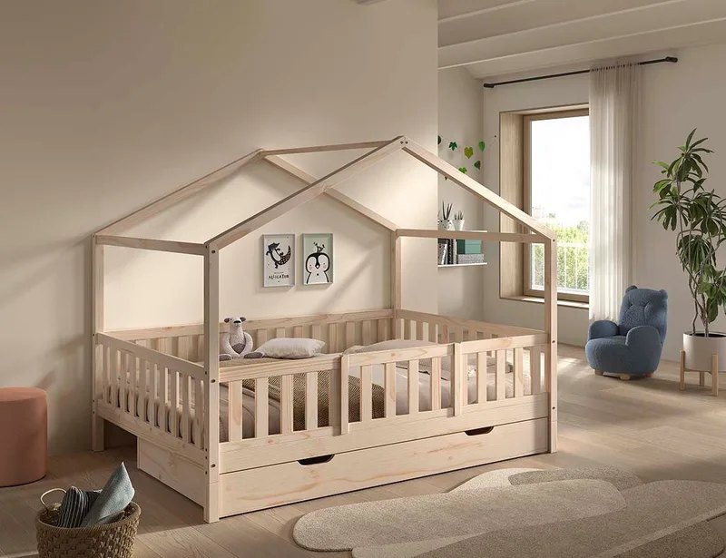 Hausbett Dallas, Massivholzbett mit Dachaufbau umbaubar vom Boden- zum Daybett (inkl. Rolllattenrost und Sprossenumrandung, 140x200 cm breit), mit Bettschublade, wahlweise Kiefer massiv natur oder weiß van Vipack in Beige – productfoto 2 van 5