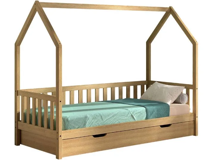 Hausbett, Massivholz, Eiche Natur, 90×200 cm, Mit Dachaufbau & Bettschublade, Modern, Vipack från Vipack – produktbild