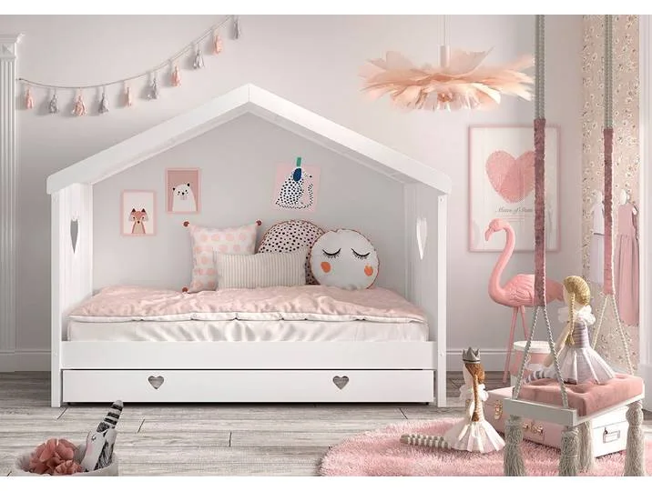 Hausbett VIPACK Amori, inkl. Dach, Rückseitig offen, mit Rolllattenrost , weiß, B:98,7cm H:213cm L:209cm, Bettgestell Massivholz;Dachaufbau MDF, Betten, wahlweise, mit oder ohne Schublade und Absturzschutz, weiß lackiert van Vipack – productfoto