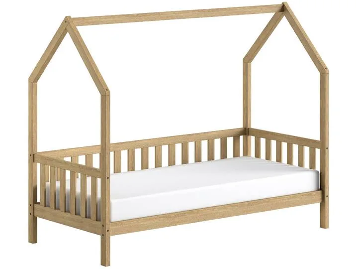 Hausbett VIPACK Cabane, mit Dachaufbau und Sprossenumrandung in Landhaus-Optik , braun (eiche natur, eiche natur, eiche natur), B:98cm H:169cm L:208cm, Betten, sehr stabil und standfest gebaut inkl. Massivholz Rolllattenrost van Vipack – productfoto