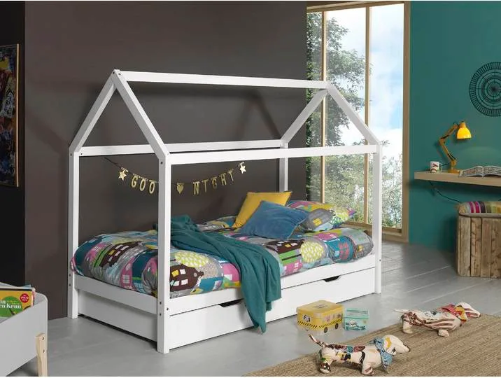Hausbett VIPACK Dallas, Hausbett Kiefer massiv, stabil gebaut, mit Rolllattenrost , weiß, B:98cm H:158,5cm L:208cm, Boden Bettschublade Hartfaser, Betten, wahlweise mit oder ohne Bettschublade, 2 Farben zur Wahl van Vipack – productfoto