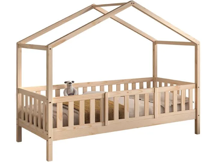 Hausbett VIPACK Dallas, Massivholzbett mit Dachaufbau umbaubar vom Boden- zum Daybett , braun (kiefer natur, kiefer natur, kiefer natur), B:97cm H:170cm L:210cm, Betten, stabil und standfest gebaut, wahlweise Kiefer massiv natur oder weiß från Vipack – produktbild