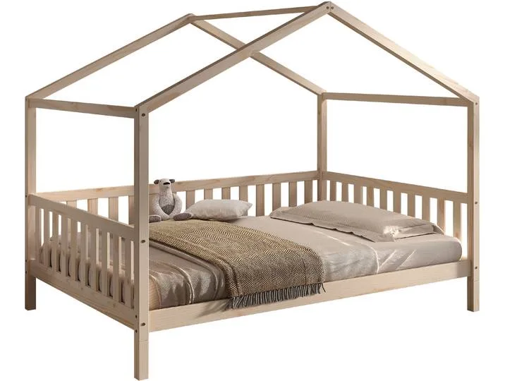 Hausbett VIPACK Dallas, Massivholzbett mit Dachaufbau umbaubar vom Boden- zum Daybett , braun (kiefer natur, kiefer natur, kiefer natur), B:147cm H:170cm L:210cm, Betten, stabil und standfest gebaut, wahlweise Kiefer massiv natur oder weiß van Vipack – productfoto