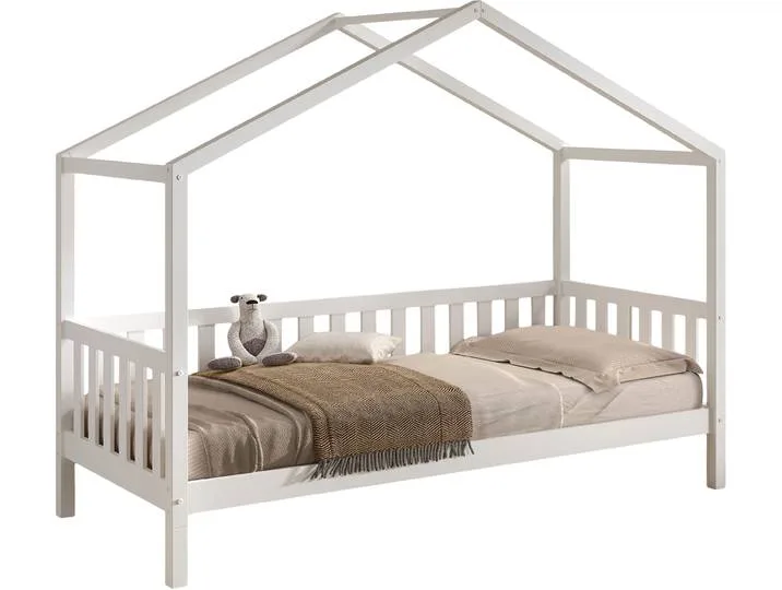 Hausbett VIPACK Dallas, Massivholzbett mit Dachaufbau umbaubar vom Boden- zum Daybett , weiß (kiefer weiß, kiefer weiß, kiefer weiß), B:97cm H:170cm L:210cm, Betten, stabil und standfest gebaut, wahlweise Kiefer massiv natur oder weiß fra Vipack – produktbillede