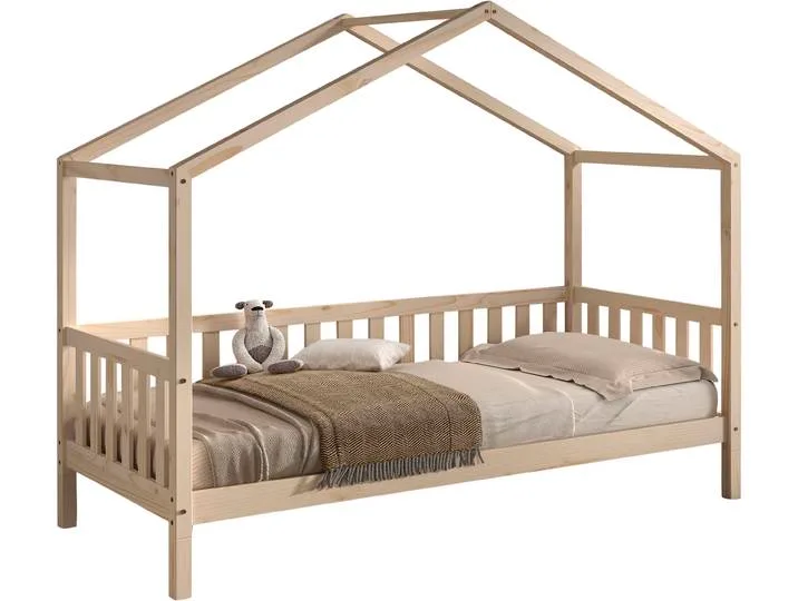 Hausbett VIPACK Dallas, Massivholzbett mit Dachaufbau umbaubar vom Boden- zum Daybett , braun (kiefer natur, kiefer natur, kiefer natur), B:97cm H:170cm L:210cm, Betten, stabil und standfest gebaut, wahlweise Kiefer massiv natur oder weiß van Vipack – productfoto