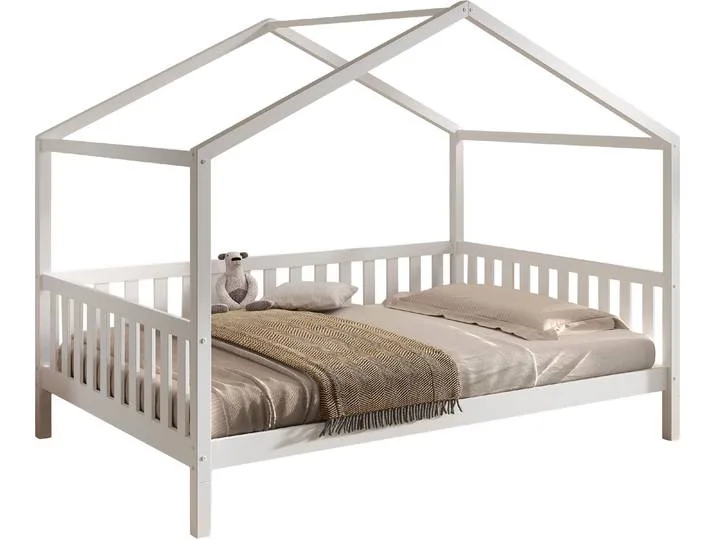 Hausbett VIPACK Dallas, Massivholzbett mit Dachaufbau umbaubar vom Boden- zum Daybett , weiß (kiefer weiß, kiefer weiß, kiefer weiß), B:147cm H:170cm L:210cm, Betten, stabil und standfest gebaut, wahlweise Kiefer massiv natur oder weiß von Vipack – Produktfoto