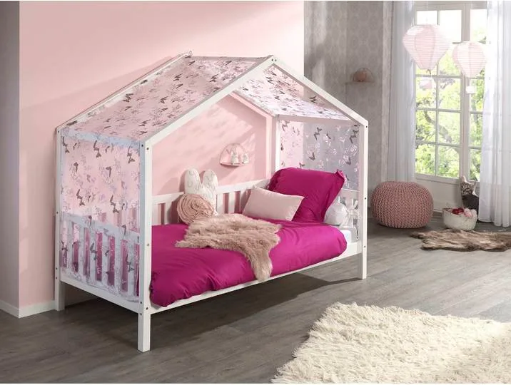 Huisbed VIPACK Dallas, met dakopbouw, massief grenen, stevig gebouwd, wit, B:97cm H:170cm L:210cm, bedden, naar keuze met of zonder bedlade en textielhemel van Vipack – productfoto