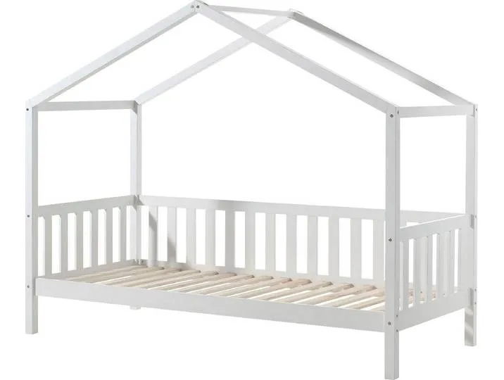Hausbett VIPACK Dallas, mit Dachaufbau, Kiefer massiv, stabil gebaut , weiß (kiefer massiv weiß lackiert), B:97cm H:170cm L:210cm, Betten, wahlweise mit oder ohne Bettschublade und Textilhimmel de Vipack – photo produit