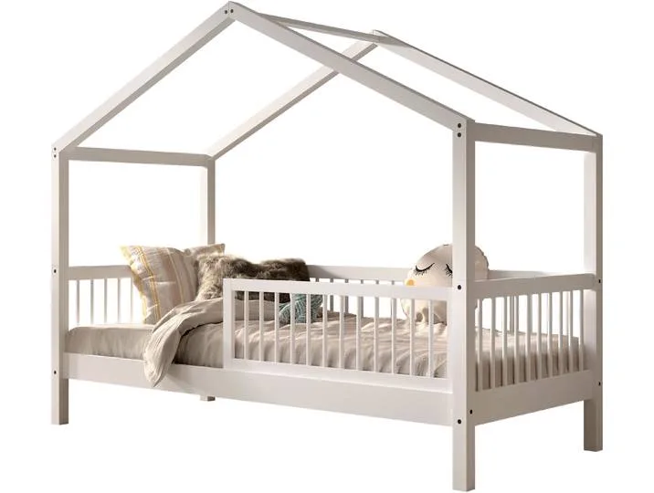 Hausbett VIPACK Forrest mit Dachaufbau, Rausfallschutz, später umbaubar zum Einzelbett , weiß (weiß, weiß, weiß), B:97,5cm H:170cm L:207,5cm, Betten, 90/200 Buche massiv weiß lackiert, wahlweise mit o. ohne Bettschublade van Vipack – productfoto
