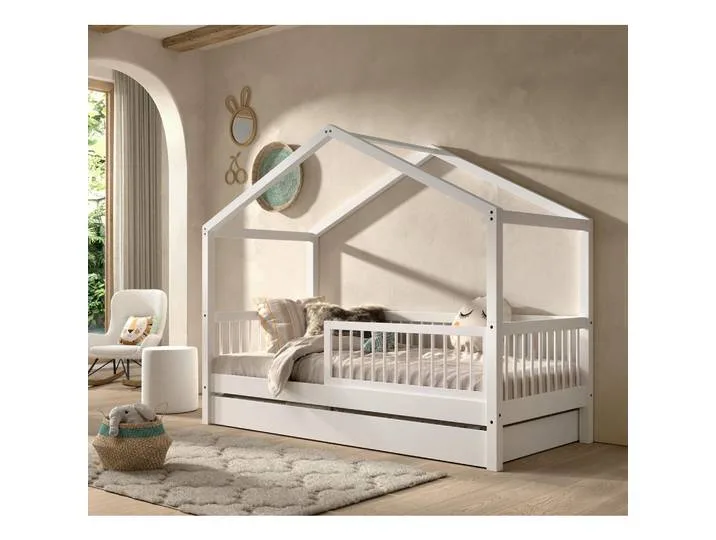 Hausbett, Weiß, Holz, Buche, massiv, Höhe ca. 12 cm, 90x200 cm, Kinderzimmer & Jugendzimmer, Kindermöbel, Kinderbetten, Hausbetten van Vipack – productfoto