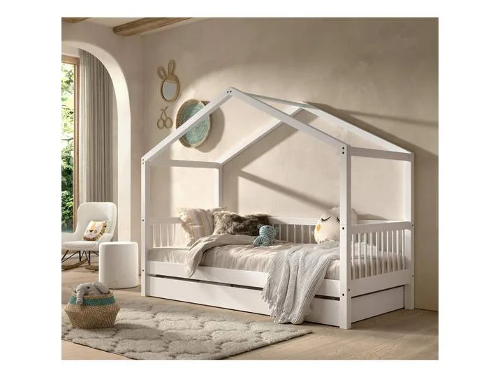 Hausbett, Weiß, Holz, Buche, massiv, Höhe ca. 12 cm, 90x200 cm, Kinderzimmer & Jugendzimmer, Kindermöbel, Kinderbetten, Hausbetten van Vipack – productfoto
