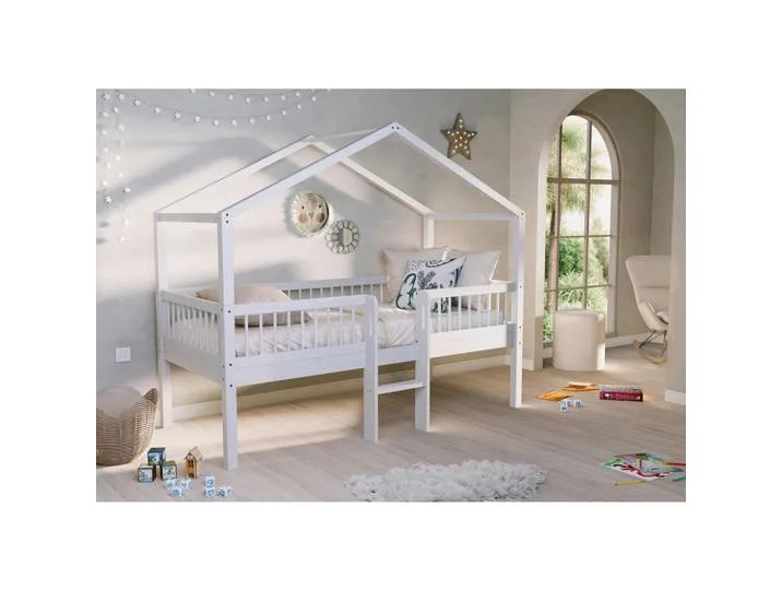 Hausbett, Weiß, Holz, Buche, massiv, Höhe ca. 20 cm, 90x200 cm, Kinderzimmer & Jugendzimmer, Kindermöbel, Kinderbetten, Hausbetten by Vipack – product photo
