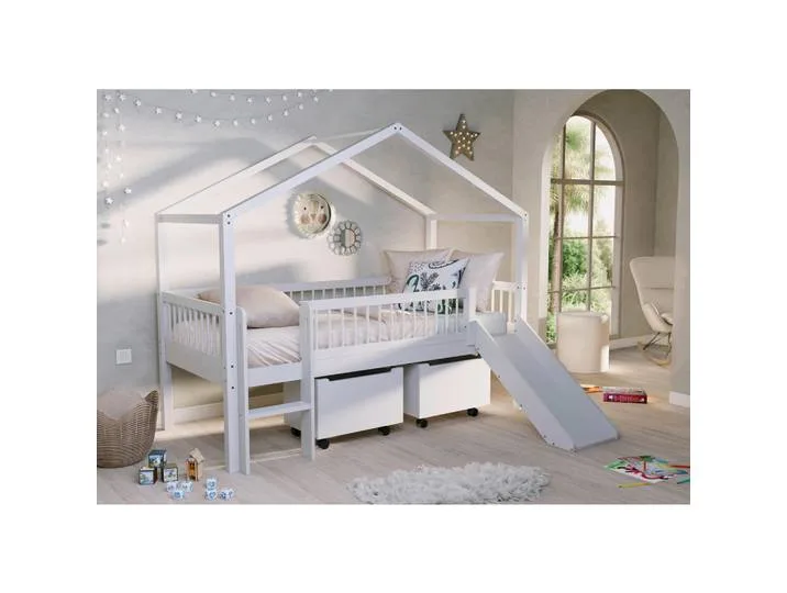 Hausbett, Weiß, Holz, Buche, massiv, Höhe ca. 20 cm, seitenverkehrt montierbar, 90x200 cm, Kinderzimmer & Jugendzimmer, Kindermöbel, Kinderbetten, Hausbetten de Vipack – photo produit