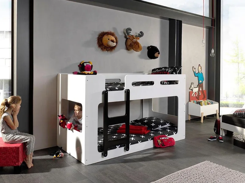Hochbett Luca, Liegefläche oben 90/200, moderne zeitlose Optik (B/H/T ca. 209x121x101cm, MDF lackiert, Leiter schwarz) inkl. Bodenplatten für die Matratzen mit Abstand für Belüftung van Vipack in Wit – productfoto 1 van 4