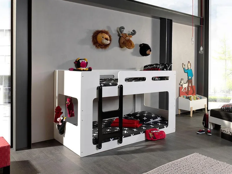 Hochbett Luca, Liegefläche oben 90/200, moderne zeitlose Optik (B/H/T ca. 209x121x101cm, MDF lackiert, Leiter schwarz) inkl. Bodenplatten für die Matratzen mit Abstand für Belüftung van Vipack in Wit – productfoto 3 van 4