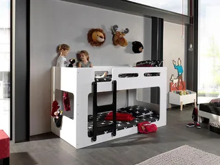 Hochbett Luca, Liegefläche oben 90/200, moderne zeitlose Optik (B/H/T ca. 209x121x101cm, MDF lackiert, Leiter schwarz) inkl. Bodenplatten für die Matratzen mit Abstand für Belüftung van Vipack in Wit – productfoto 4 van 4