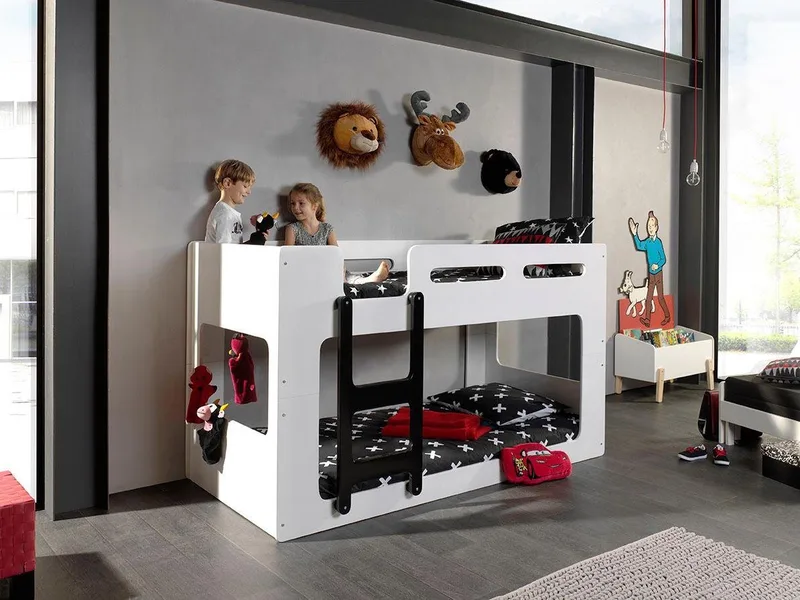 Hochbett Luca, Liegefläche oben 90/200, moderne zeitlose Optik (B/H/T ca. 209x121x101cm, MDF lackiert, Leiter schwarz) inkl. Bodenplatten für die Matratzen mit Abstand für Belüftung van Vipack in Wit – productfoto 4 van 4