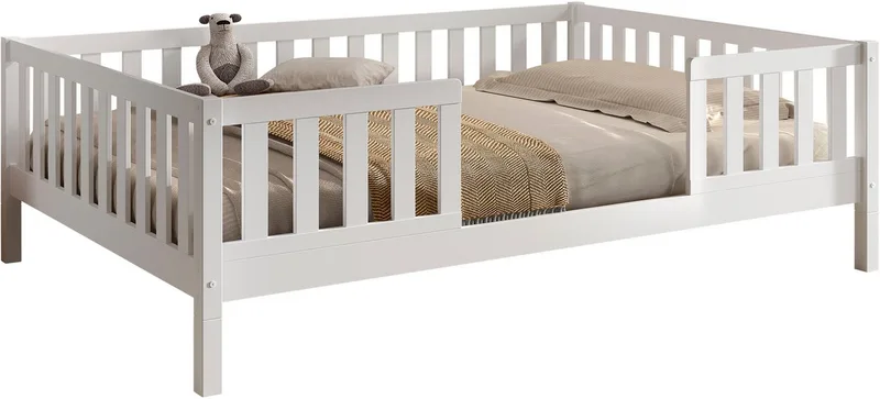 Kinderbett Dallas, massiv Bett, Rausfallschutz, umbaubar vom Boden- zum Daybett (inkl. Rolllattenrost und Sprossenumrandung, 90 oder 140x200 cm breit), stabil und standfest gebaut, wahlweise Kiefer massiv natur oder von Vipack in Weiß – Produktfoto 5 von 5