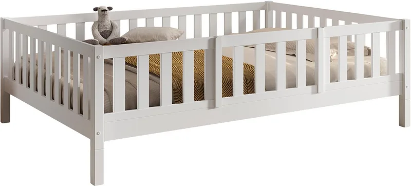 Kinderbett Dallas, massiv Bett, Rausfallschutz, umbaubar vom Boden- zum Daybett (inkl. Rolllattenrost und Sprossenumrandung, 90 oder 140x200 cm breit), stabil und standfest gebaut, wahlweise Kiefer massiv natur oder von Vipack in Weiß – Produktfoto 4 von 5
