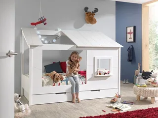 Kinderbett Hausbett, aus MDF und Massivholz lackiert, inkl. Fenster vorne (B/H/T ca. 214x158,5x105cm, seitl. und hinten offen), wahlweise mit oder ohne Bettschublade auf Rollen van Vipack in Wit – productfoto 4 van 5