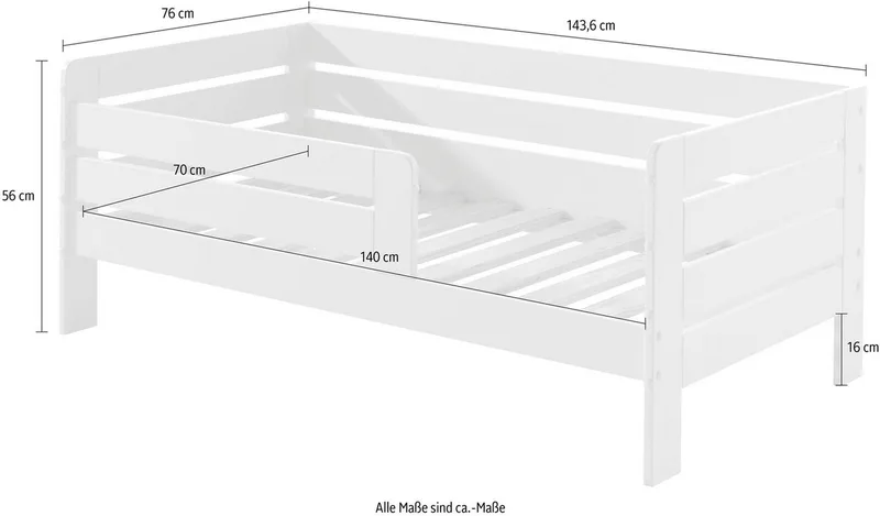Kinderbett Junior, Kiefermassiv mit umlaufendem Absturzschutz und Rolllattenrost (B/H/T ca. 143,6x56x70cm, mit niedrigem Betteinstieg), wahlweise in 2 Farben, mit oder ohne Schublade van Vipack in Wit – productfoto 4 van 4