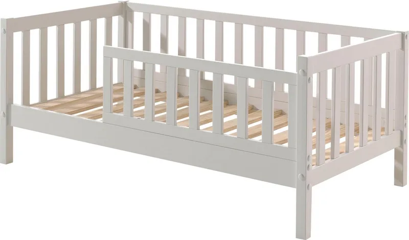 Kinderbett Junior, Kiefermassiv mit umlaufenden Sprossengitter und Rolllattenrost (B/H/T ca. 148x60x76cm, mit niedrigem Betteinstieg), wahlweise in 2 Farben, mit oder ohne Schublade de Vipack en Blanc – photo produit 3 sur 4