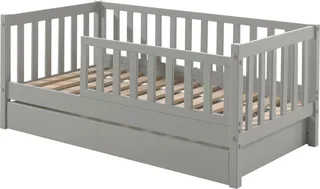 Kinderbett Junior, Kiefermassiv mit umlaufenden Sprossengitter und Rolllattenrost (B/H/T ca. 148x60x76cm, mit niedrigem Betteinstieg), wahlweise in 2 Farben, mit oder ohne Schublade från Vipack i Grå – produktbild 4 av 5